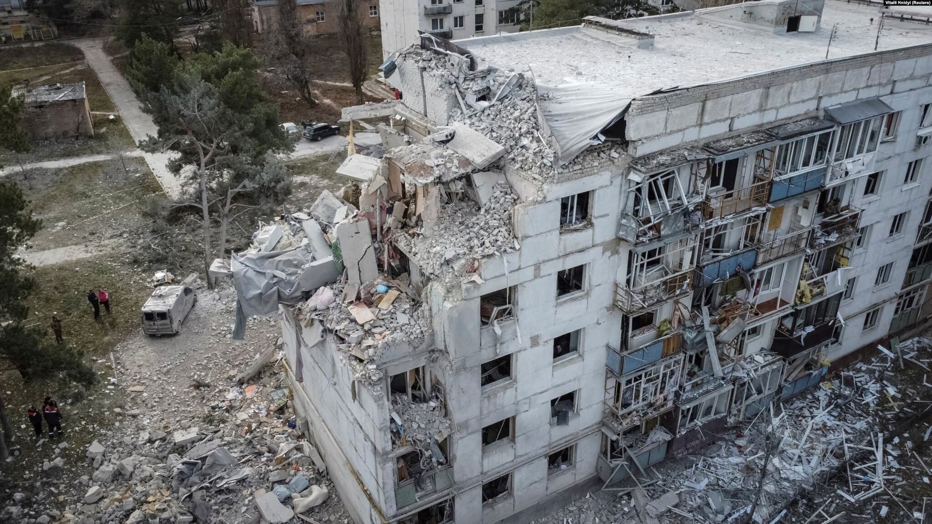 A residential building damaged by a Russian missile strike near the town of Chuhuiv