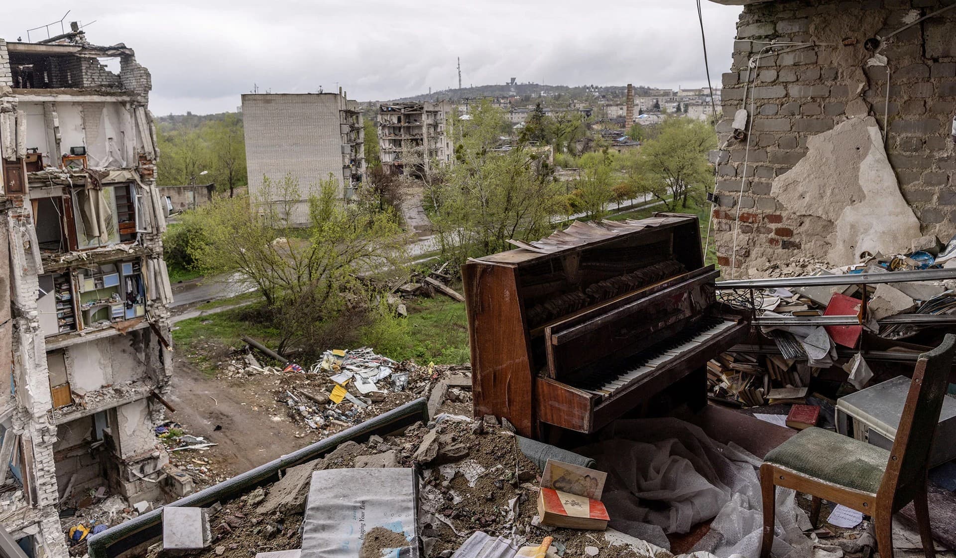 An apartment building destroyed by Russian shelling on the outskirts of Izium