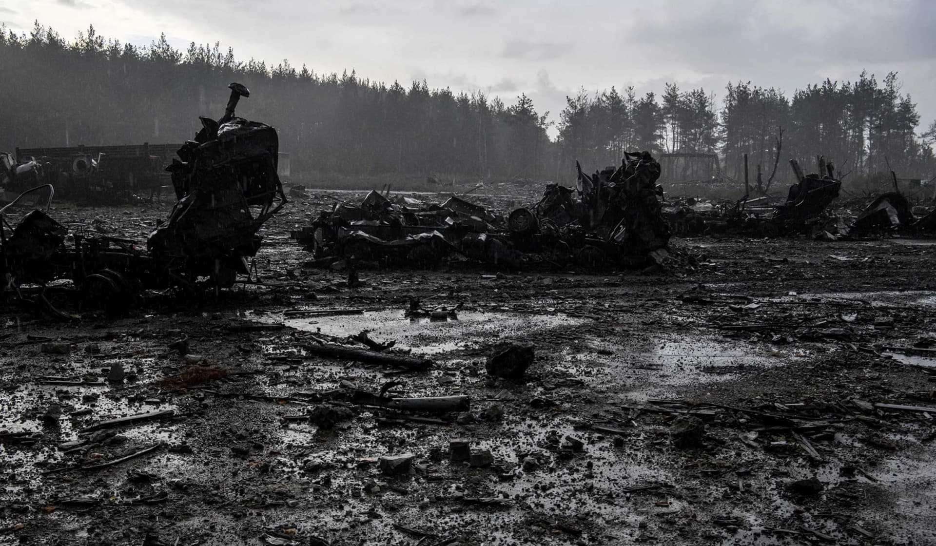 The wreckage of a Russian fighting aircraft shot down by the Ukrainian Armed Forces during a counteroffensive operation in a field near the town of Izium