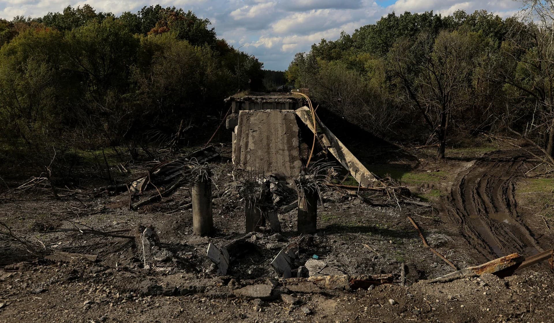 A destroyed bridge over the Siverskyi Donets River near the town of Balakliia
