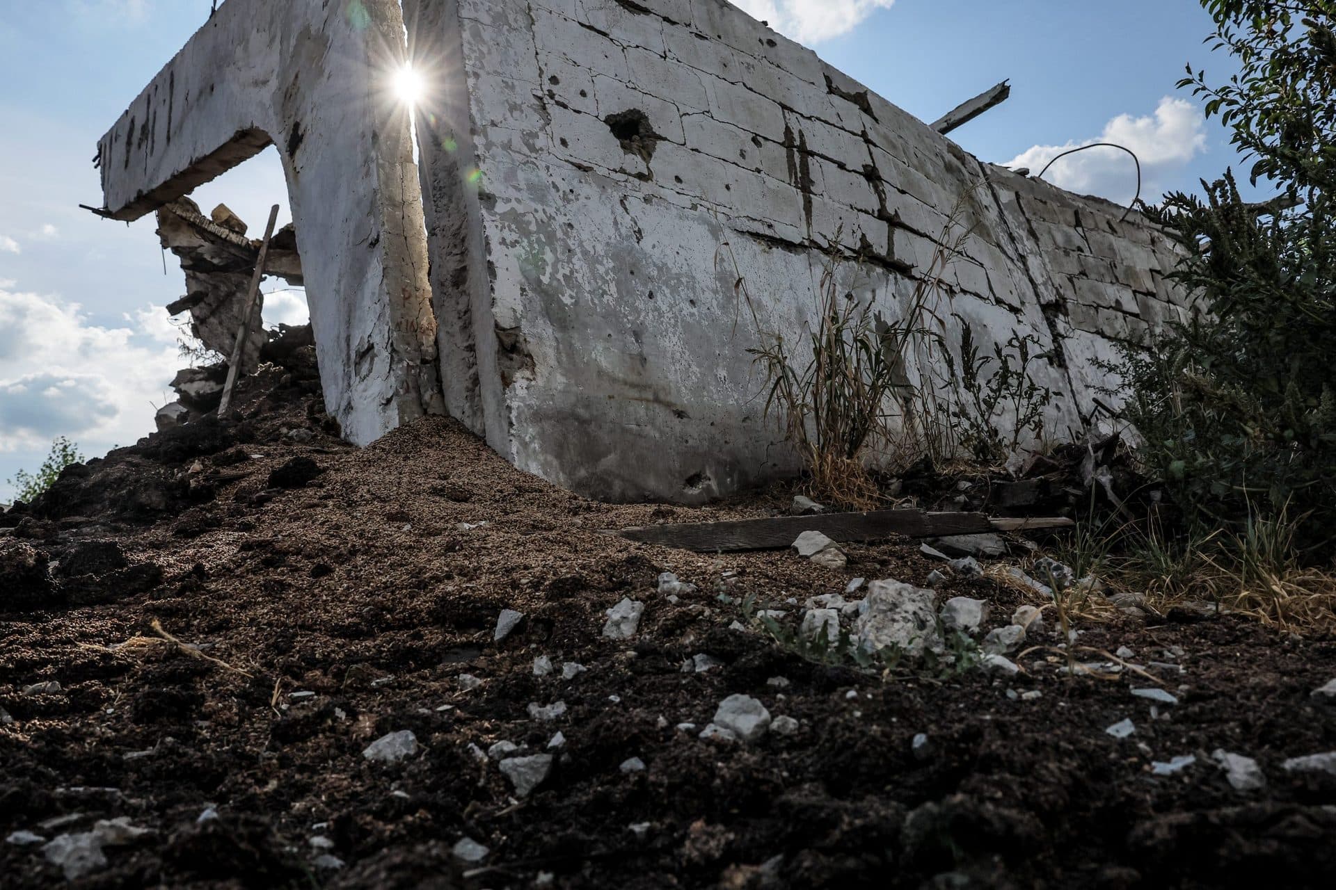 A grain storage that was destroyed during combat in the village of Dovhenke
