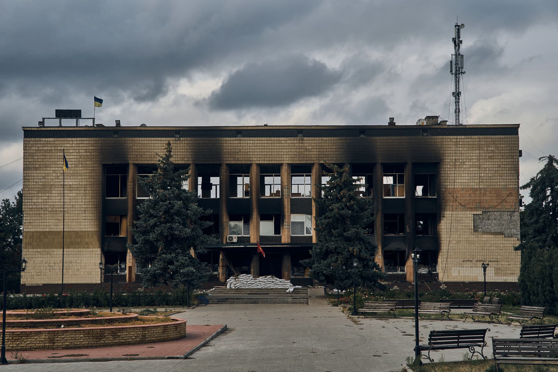 A Ukrainian flag waves above the City Hall in Izium