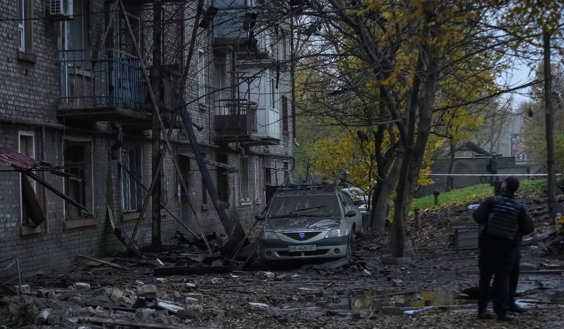 The site of the apartment buildings hit during the Russian drone strike in the city of Kamianske