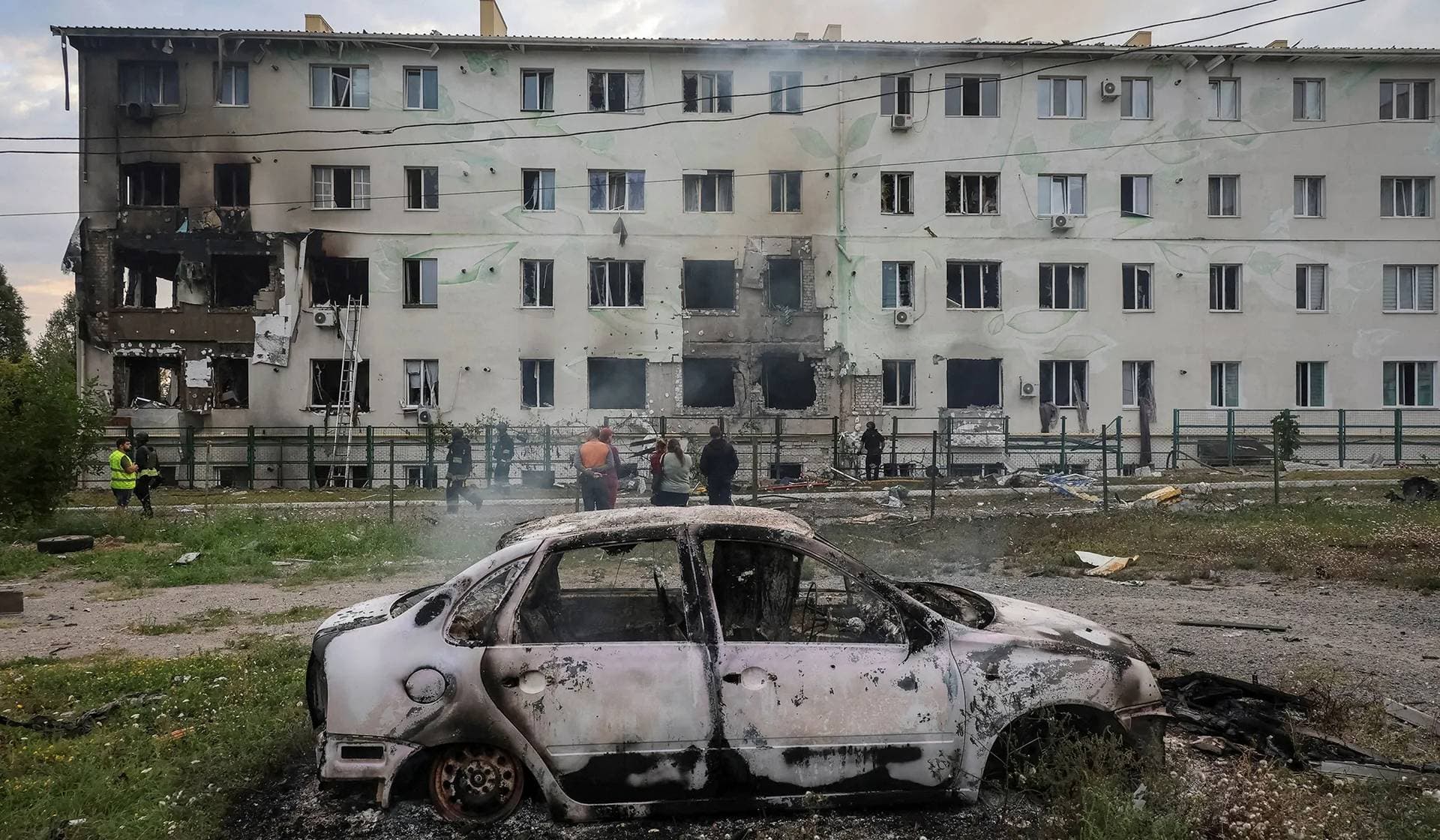 Site of the apartment building hit by Russian drone strike in Kharkiv