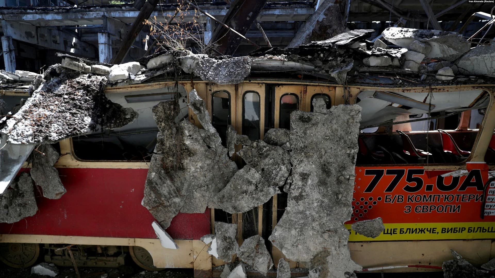 The wreckage of a tram after the Russian military fired on a depot in Kharkiv