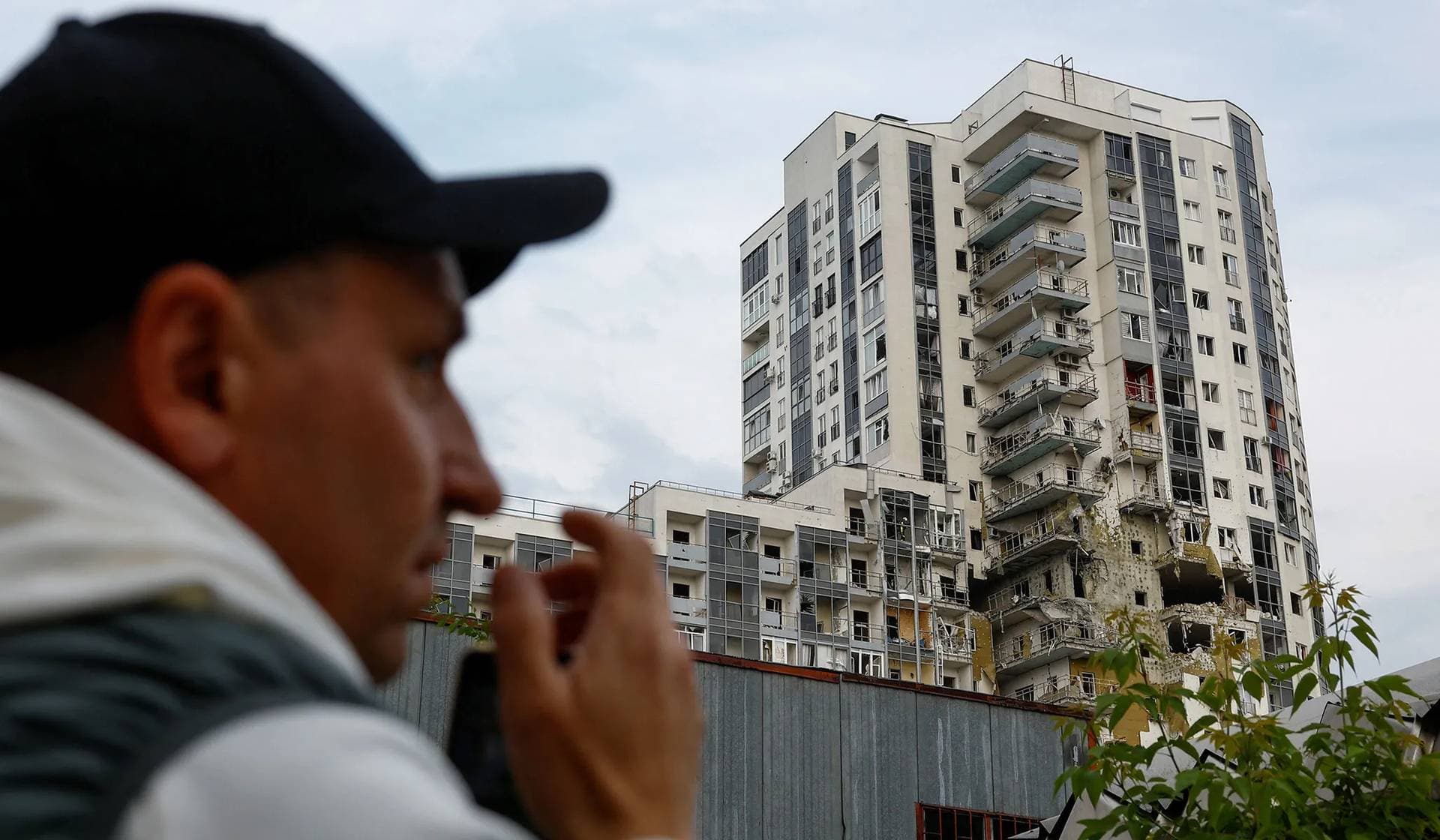 An apartment building damaged by a Russian air strike in Kharkiv