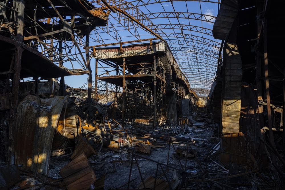 View of a shelled section of the Barabashovo market in Kharkiv