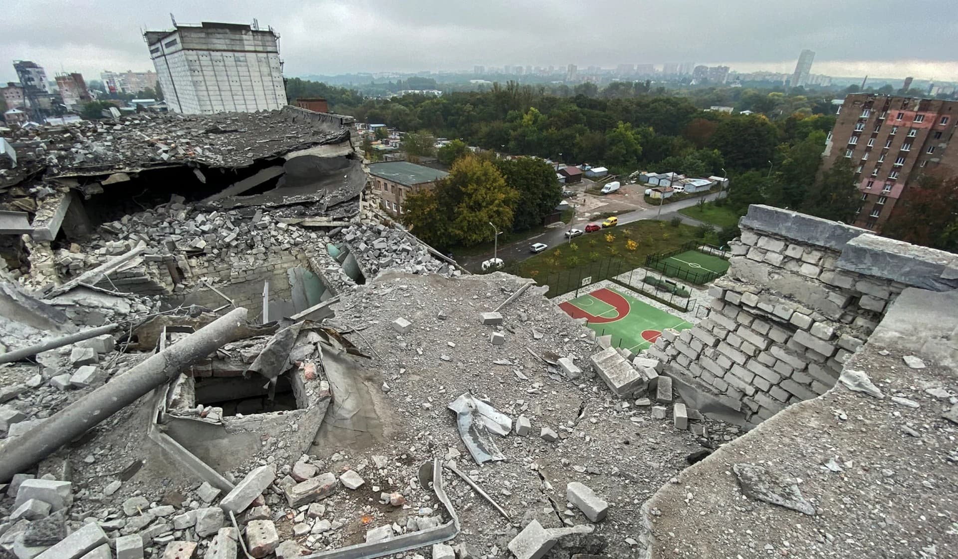 A residential building damaged by a Russian missile strike in Kharkiv