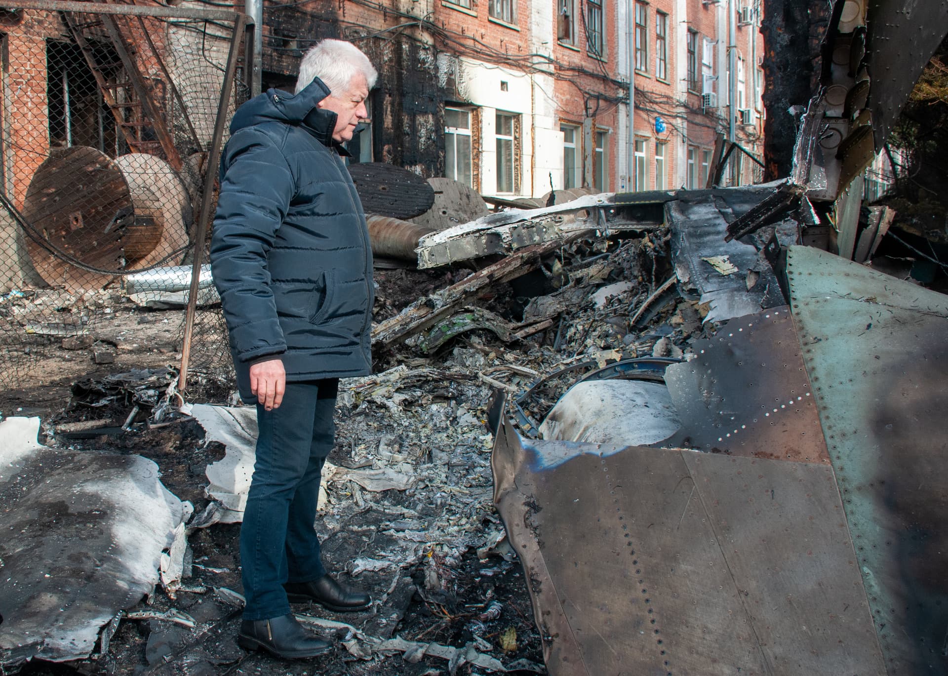 Anatoly Yaremenko, general director of the Kommunar plant, near the wreckage of the downed enemy SU-34 aircraft on the territory of the Kommunar plant in Kharkiv