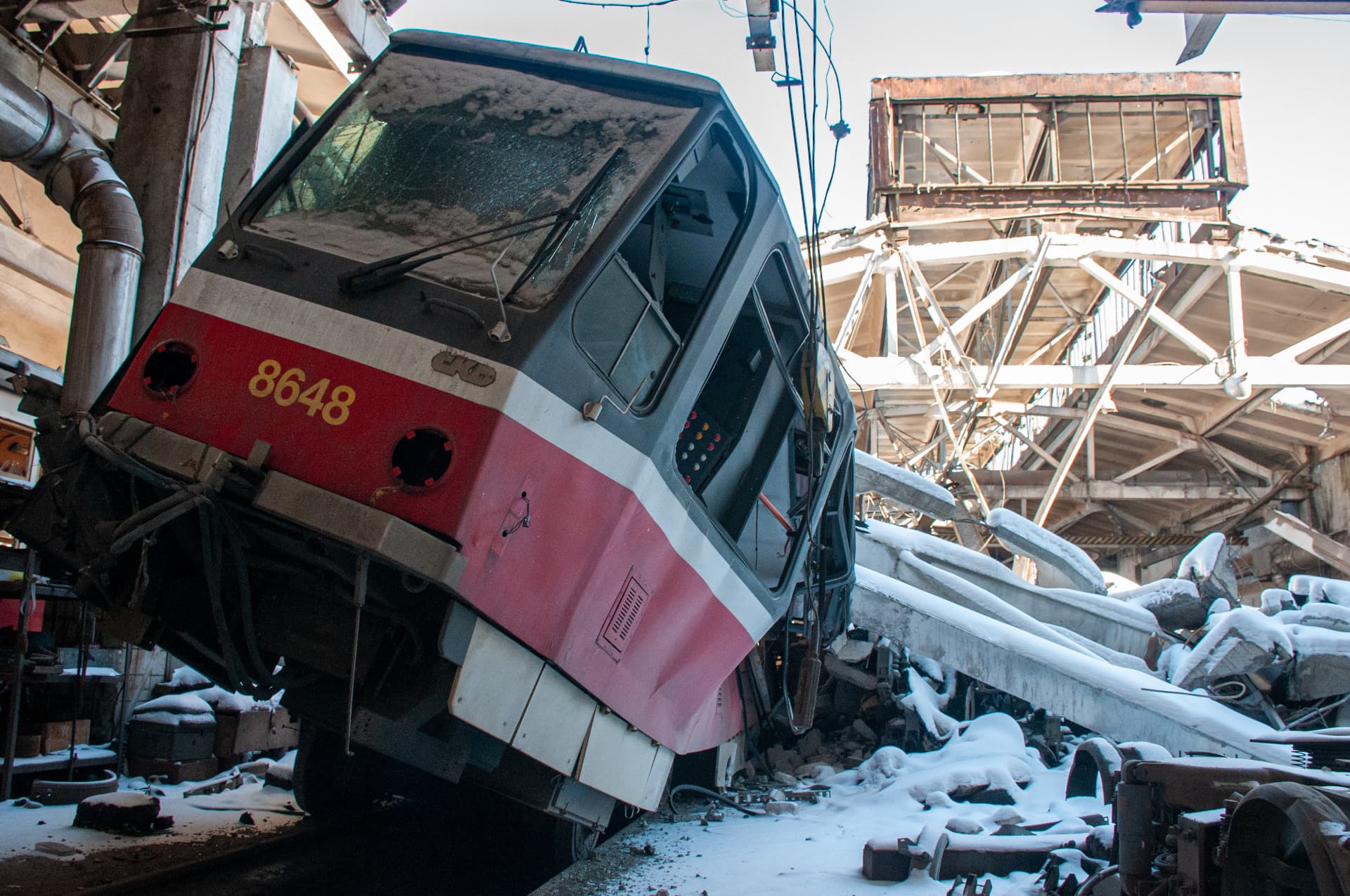 Destroyed as a result of explosions and shelling by the Russian military invaders KP Saltovskoe tram depot in Kharkiv
