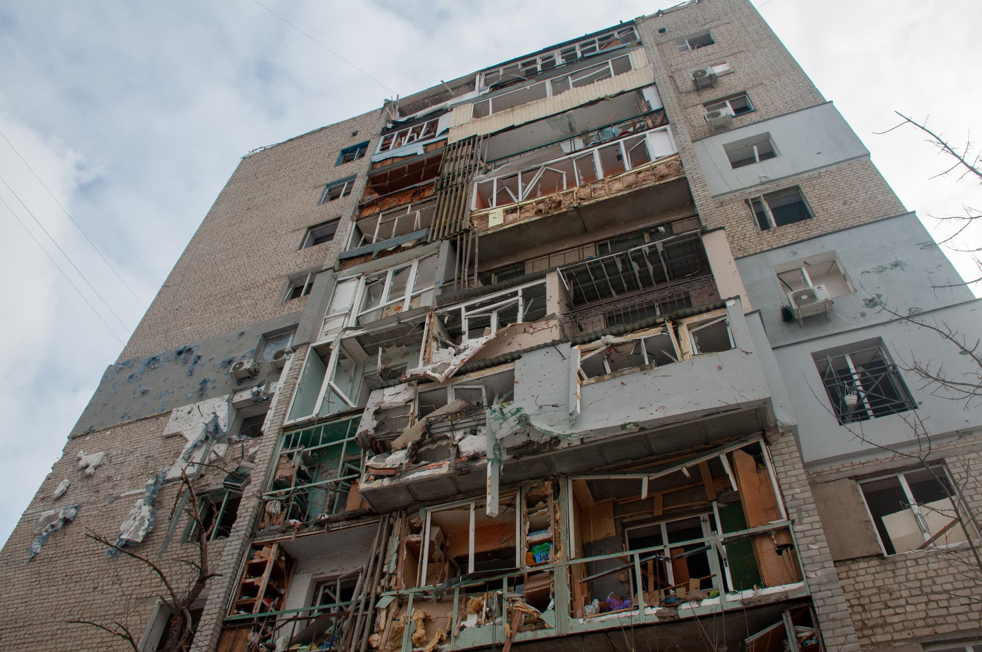 Destroyed residential building, as a result of explosions and shots by the Russian occupying military in Kharkiv