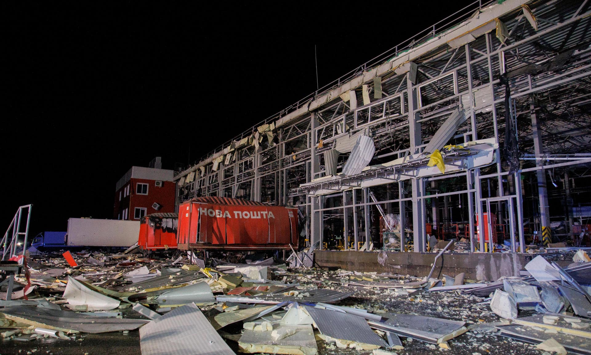 Damage after a missile strike on a postal distribution centre in Korotych, near Kharkiv, on Saturday.