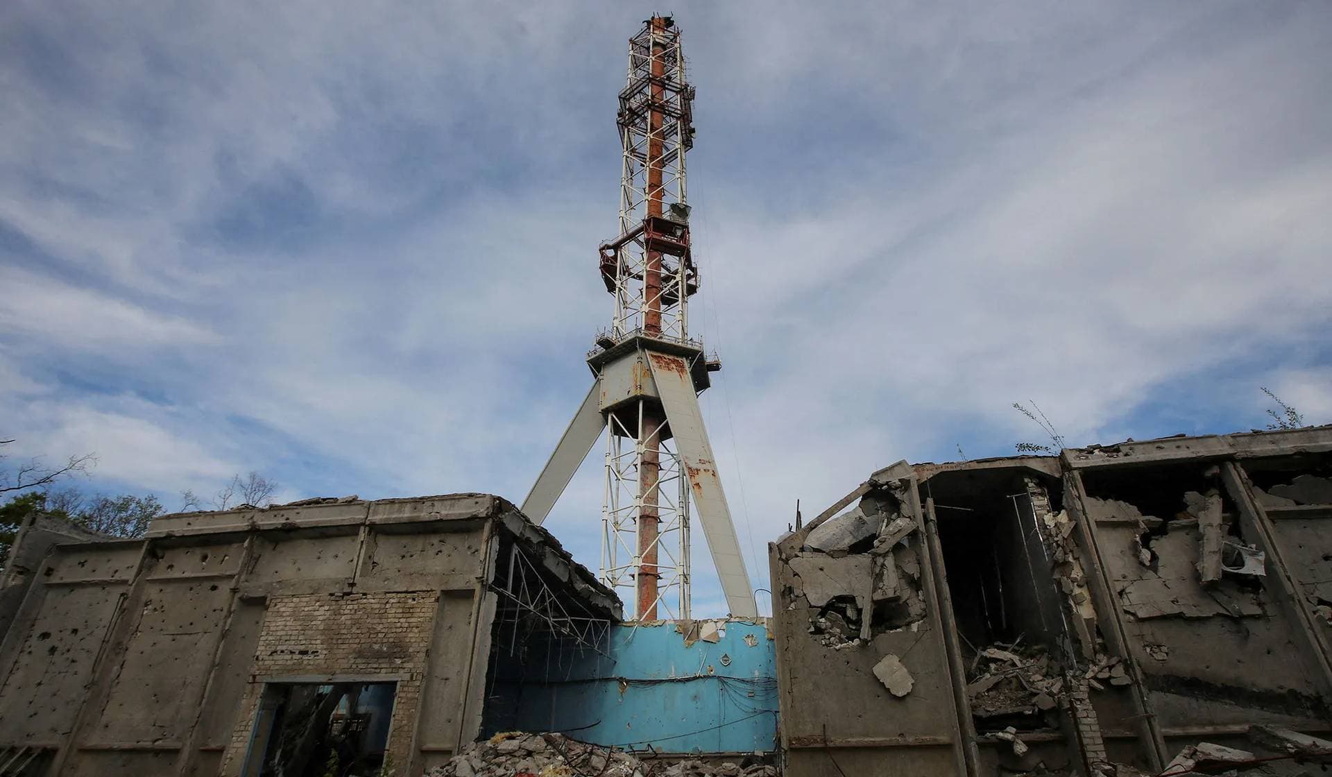 A television tower partially destroyed by a Russian missile strike in Kharkiv