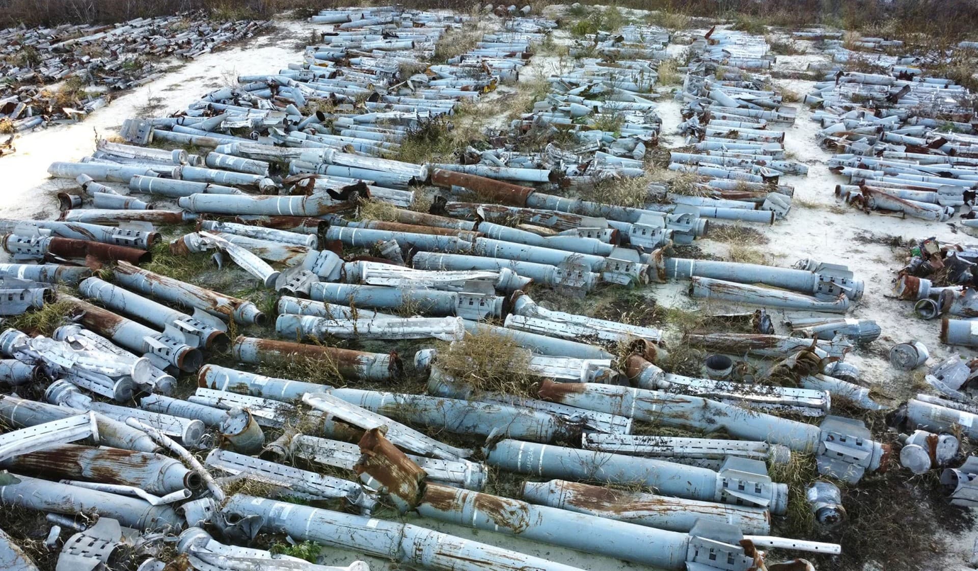 Remains of MLRS shells used by Russian troops for military strikes on the city and collected by sappers in Kharkiv
