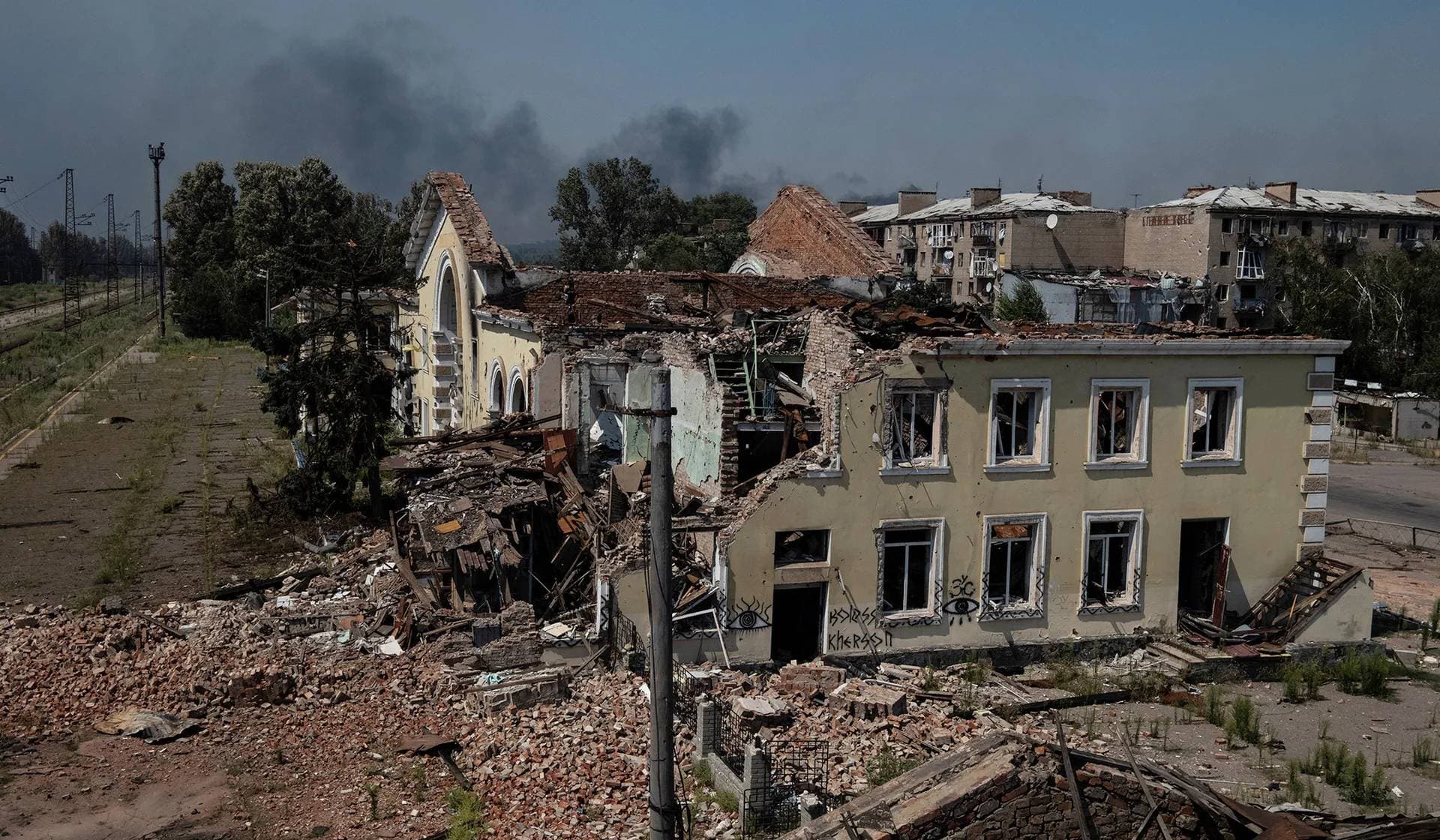 Buildings damaged by Russian military strikes in the frontline town of Kostiantynivkain