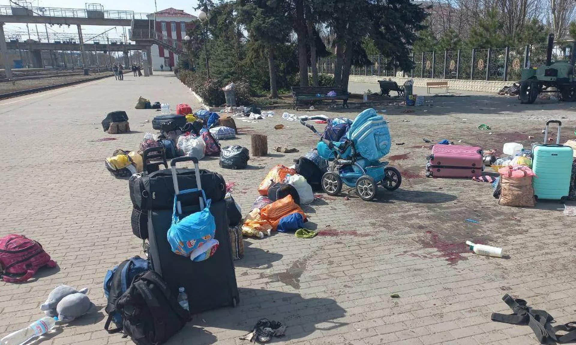 People’s belongings are seen at Kramatorsk railway station after a rocket attack