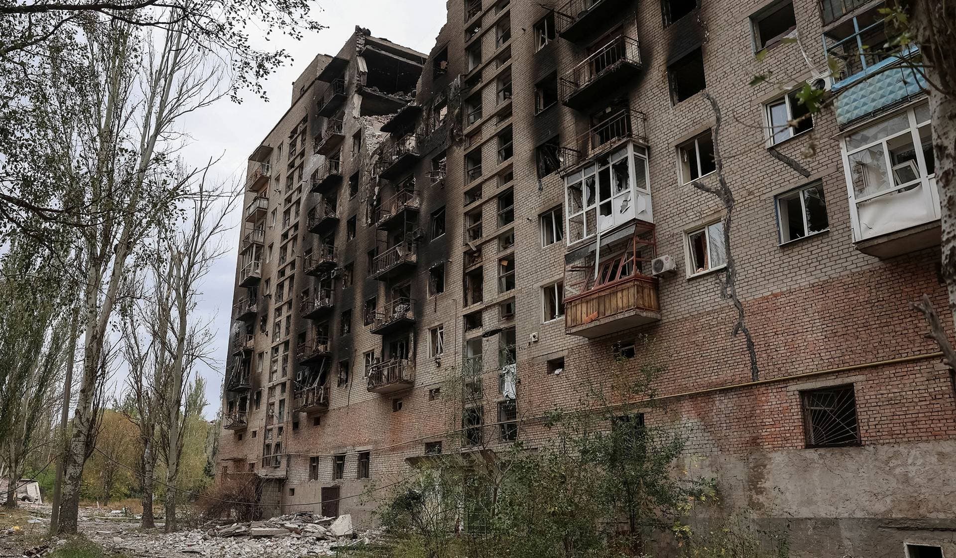 Apartment building damaged by Russian military strike in the frontline town of Kostiantynivka
