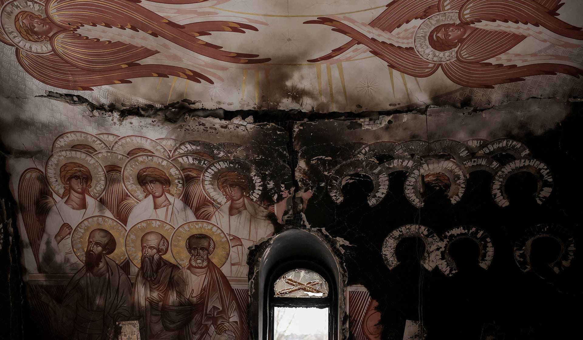 Interior of a church damaged by a Russian military strikes in the frontline town of Kostiantynivka