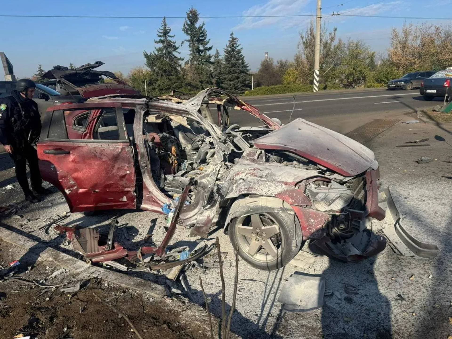 A destroyed car hit by a Russian drone in Kramatorsk