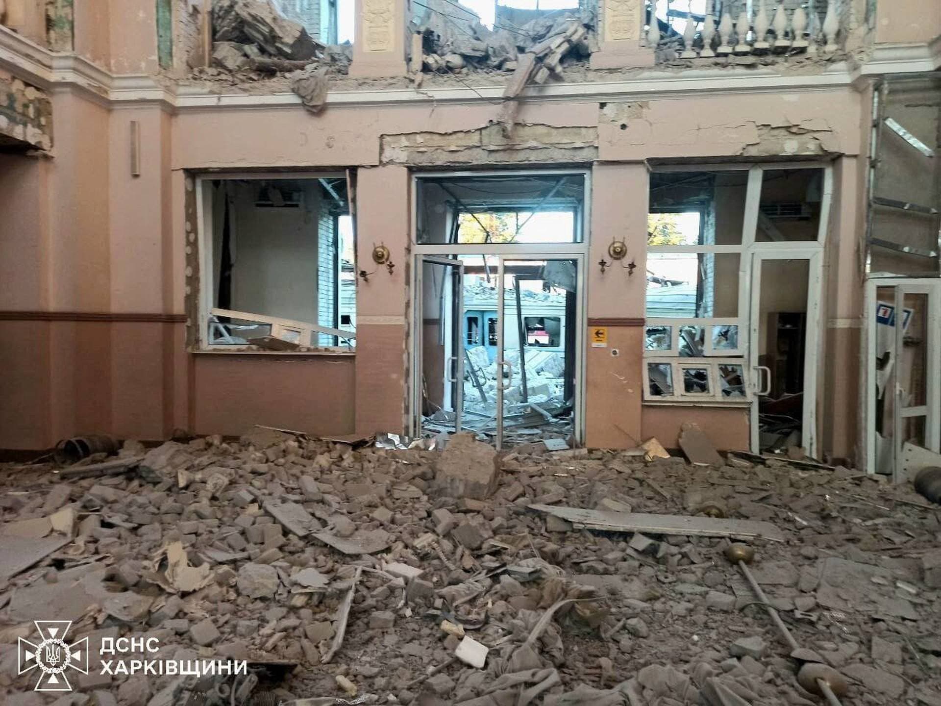 A building of a railway station, damaged during a Russian drone strike, at a railway station in the town of Lozova