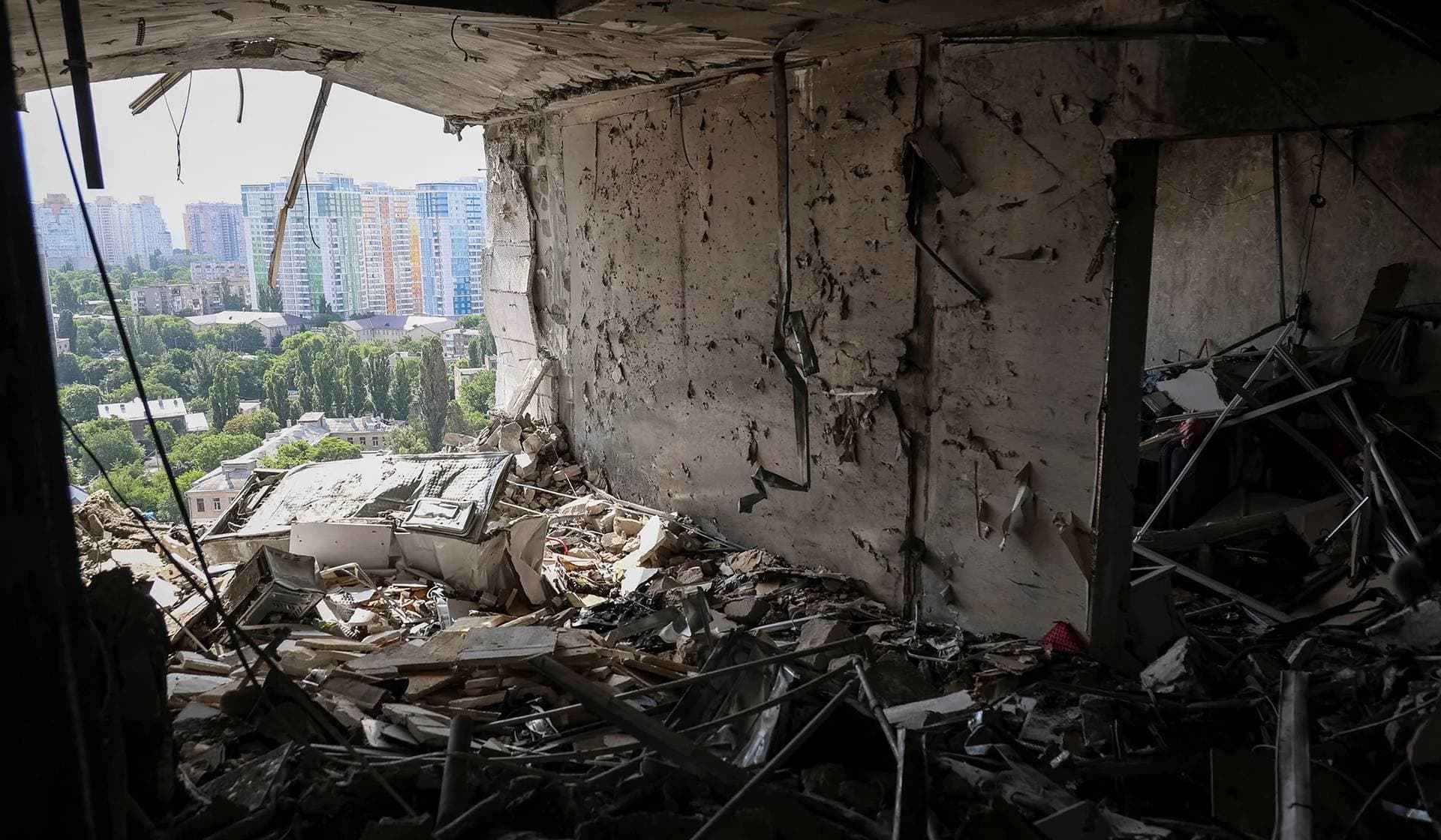 A flat in an apartment building damaged by Russian drone strike in Odesa