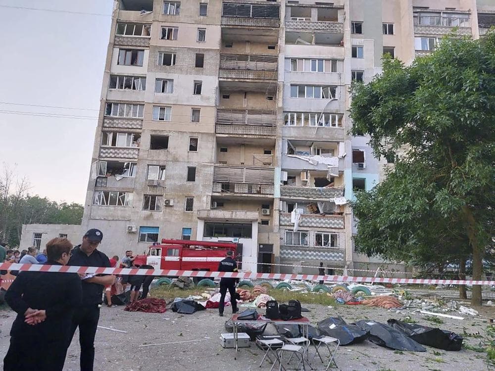 In this photo provided by the Ukrainian Emergency Service, a damaged residential building is seen in Odesa