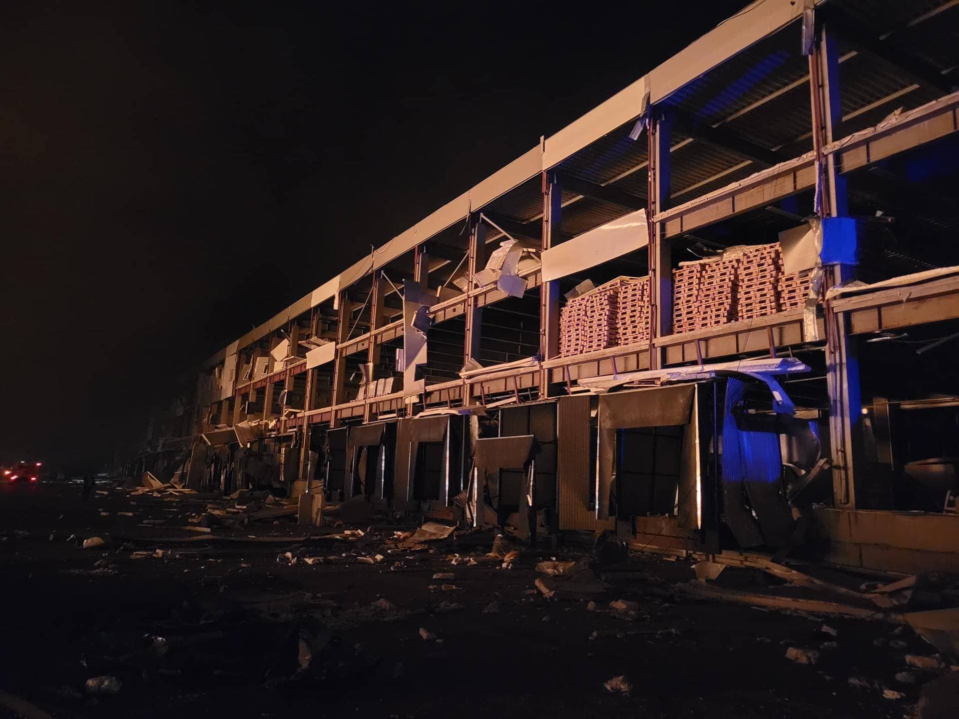 burning storage facilities heavily damaged by a Russian missile strike in Odesa region