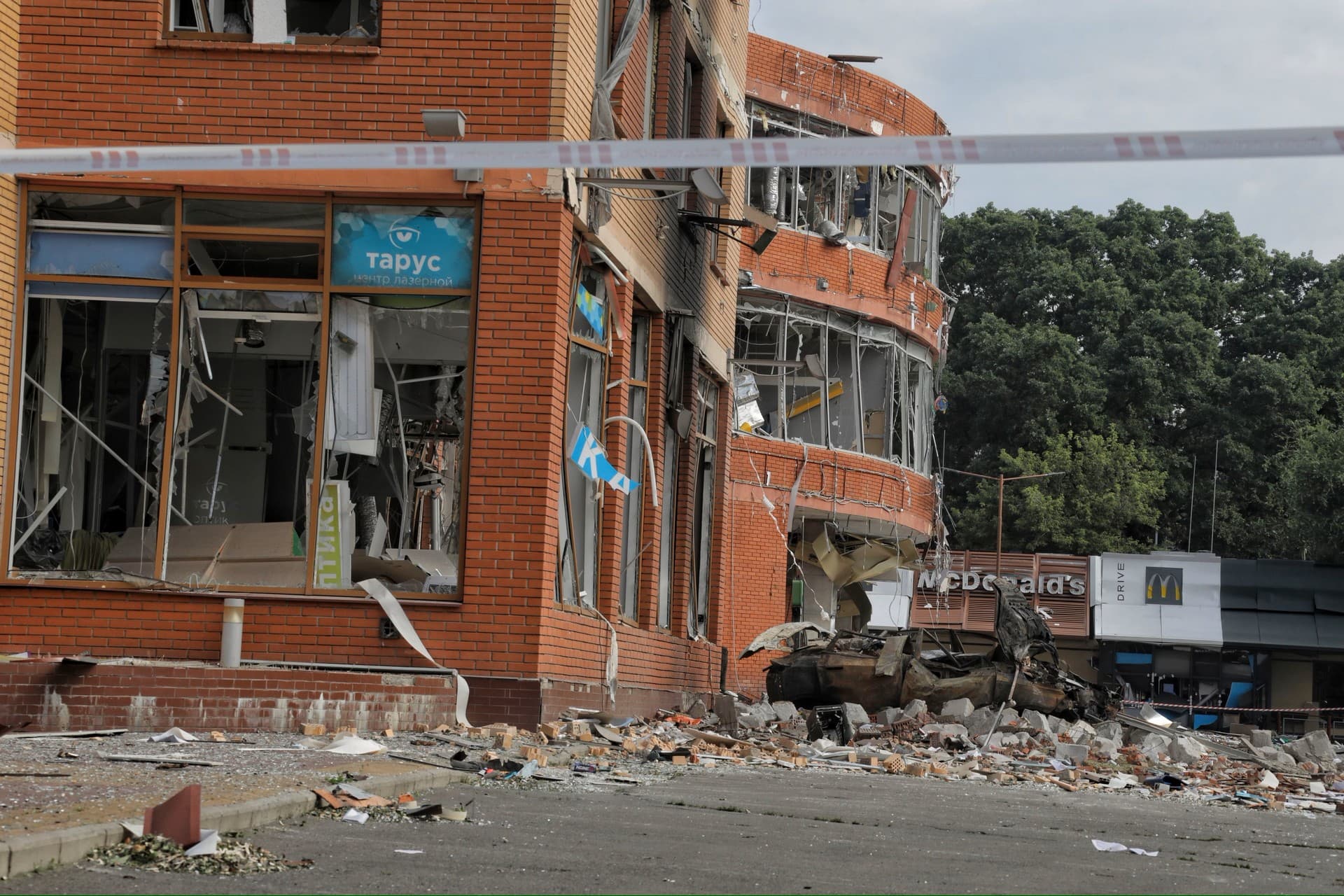 A part of a business centre is damaged after a nightly Russian rocket attack in Odesa