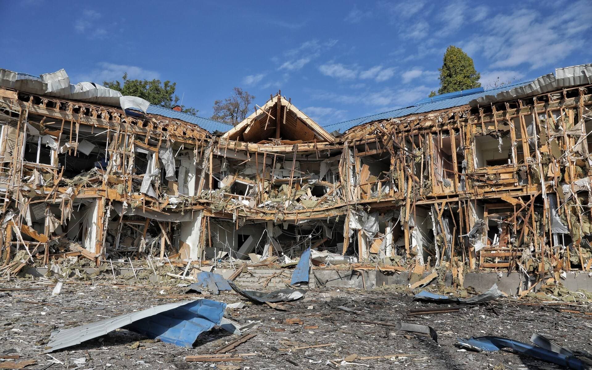A sailing school stands destroyed following a Russian air strike in Odesa
