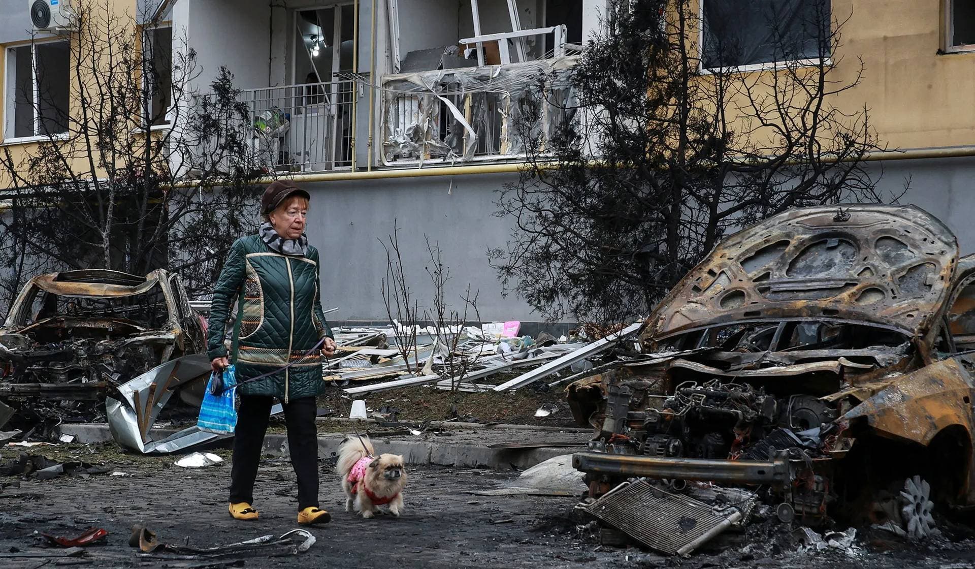 A resident with a dog walks past destroyed cars and a damaged apartment building hit by a Russian drone strike in Odesa